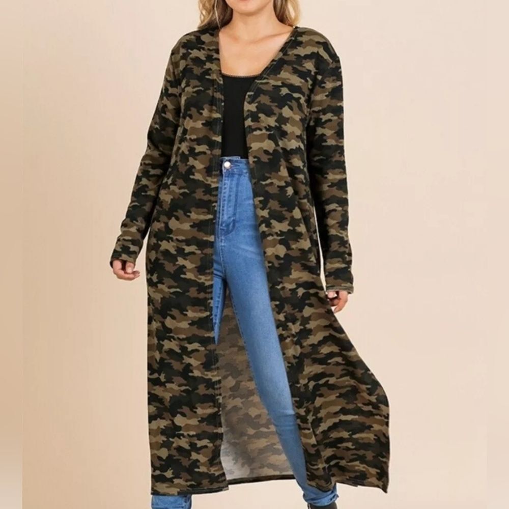 Umgee Olive Green Camo Long Cardigan Large Kimono NEW